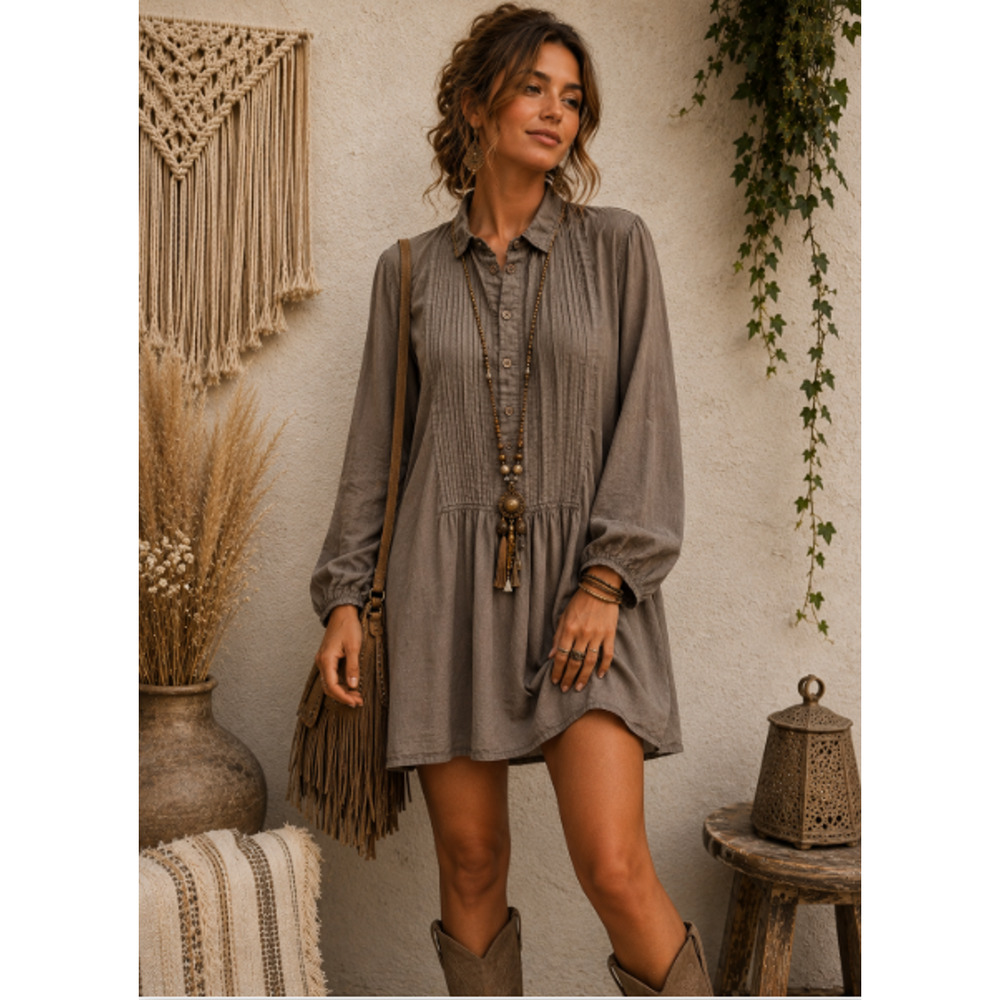CP Shades Annette Tunic Dress Pintuck Pleated Taupe Brown Sz L Boho Minimalist